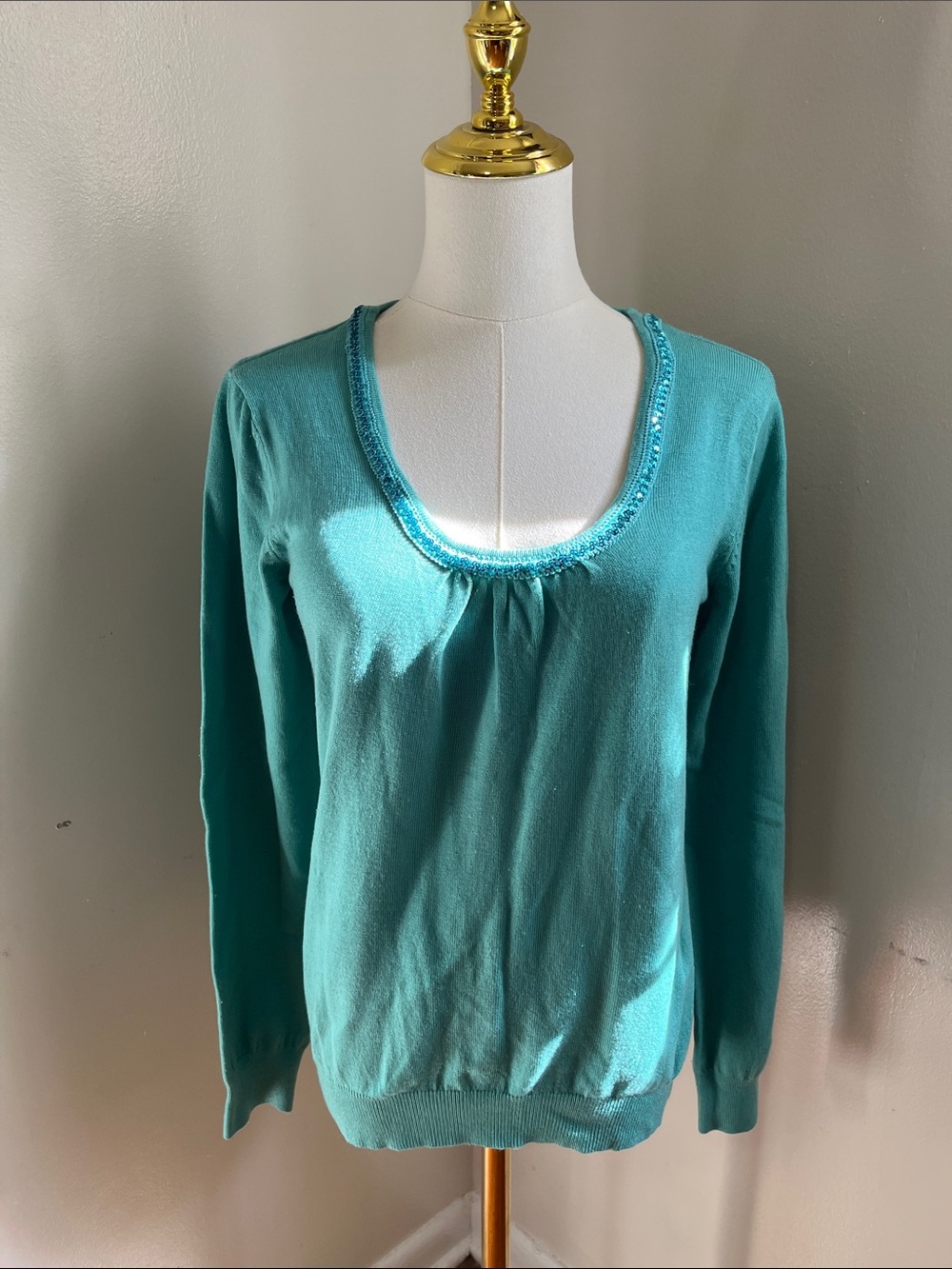 Jaclyn Smith Teal Scoop-Neck Sweater with Sequin Trim